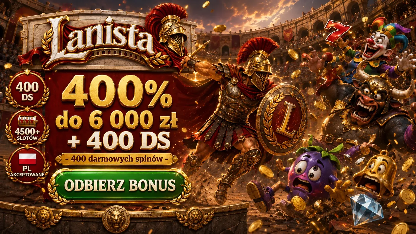 Bonus powitalny Lanista Casino: 400% do 6 000 zł + 400 darmowych spinów